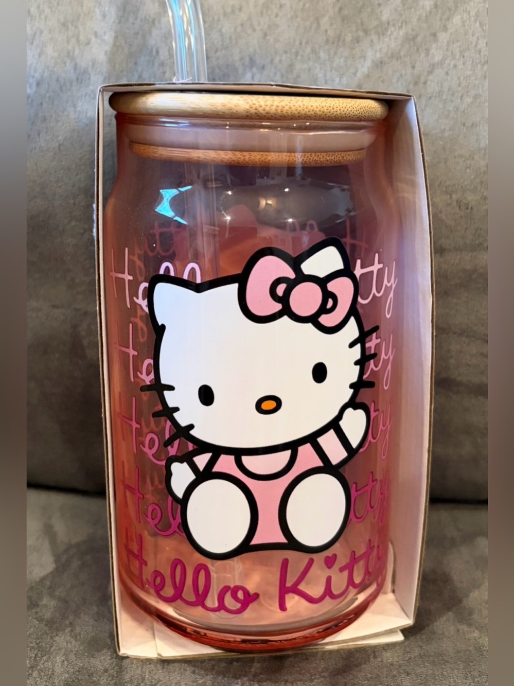 Hello Kitty Pink Glass Tumbler with Lid and Straw New
